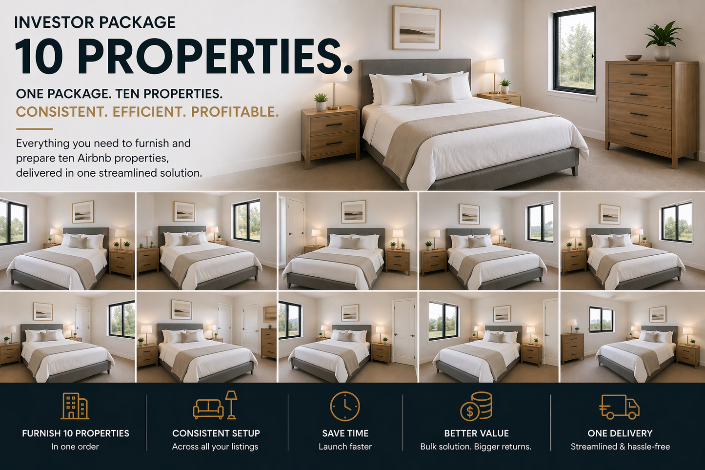 Setuply Commercial™ Investor Package – 10 Properties (Furniture + Linen Setup)