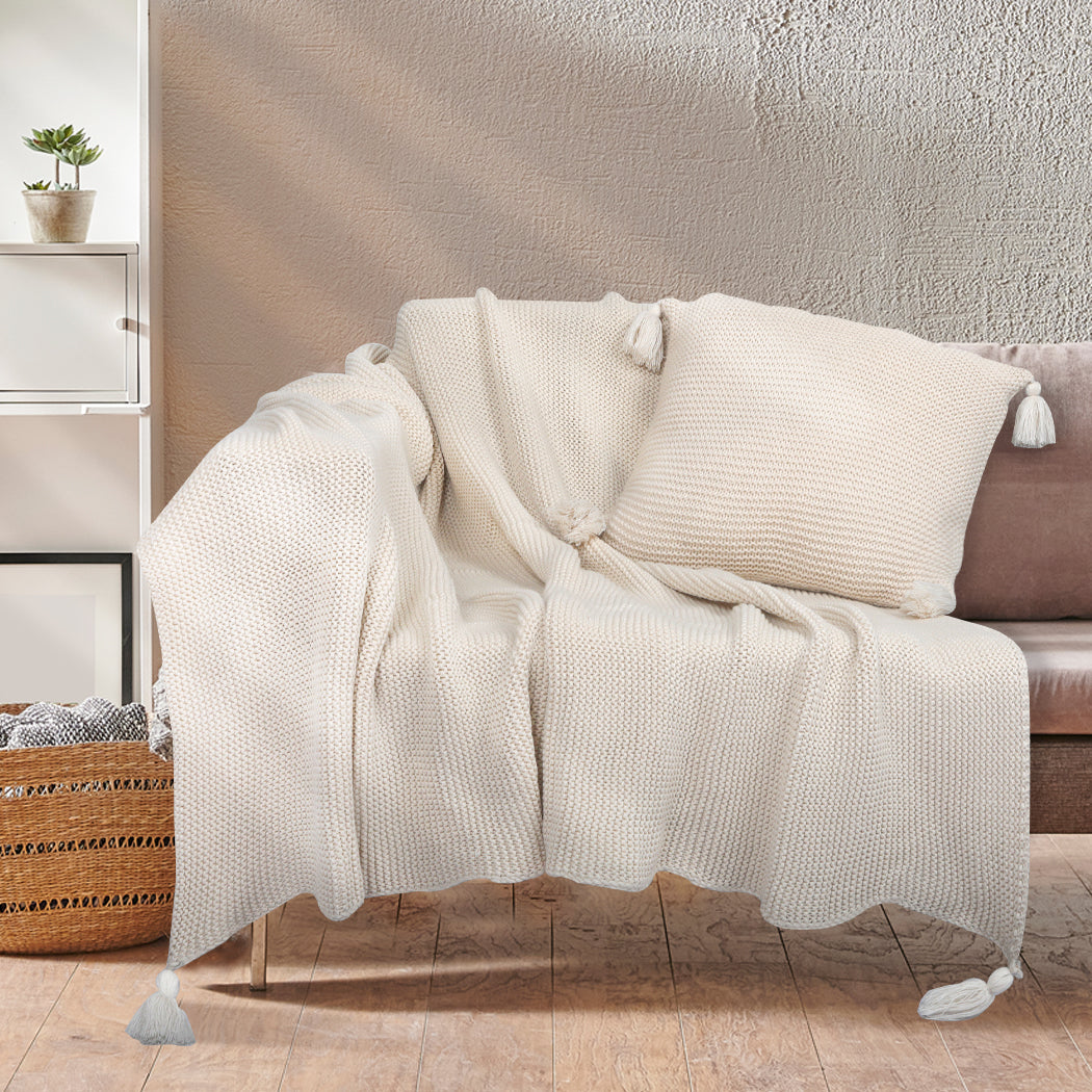 DreamZ Knitting Throw Blanket Cushion Beige-2006733231445118982