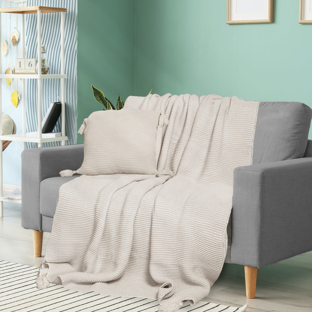 DreamZ Knitting Throw Blanket Cushion Beige-2006733231445118983