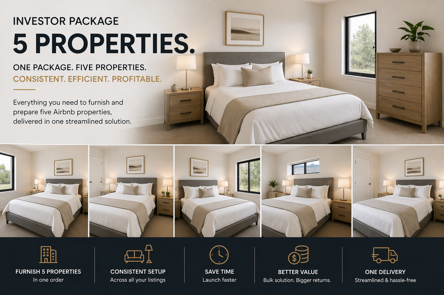 Setuply Commercial™ Investor Package – 5 Properties (Furniture + Linen Setup)